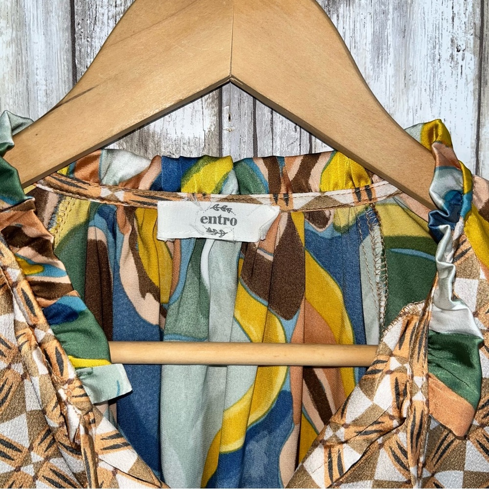 Entro All In A Day Abstract Brown/Yellow Satin Blouse - Picture 6 of 7